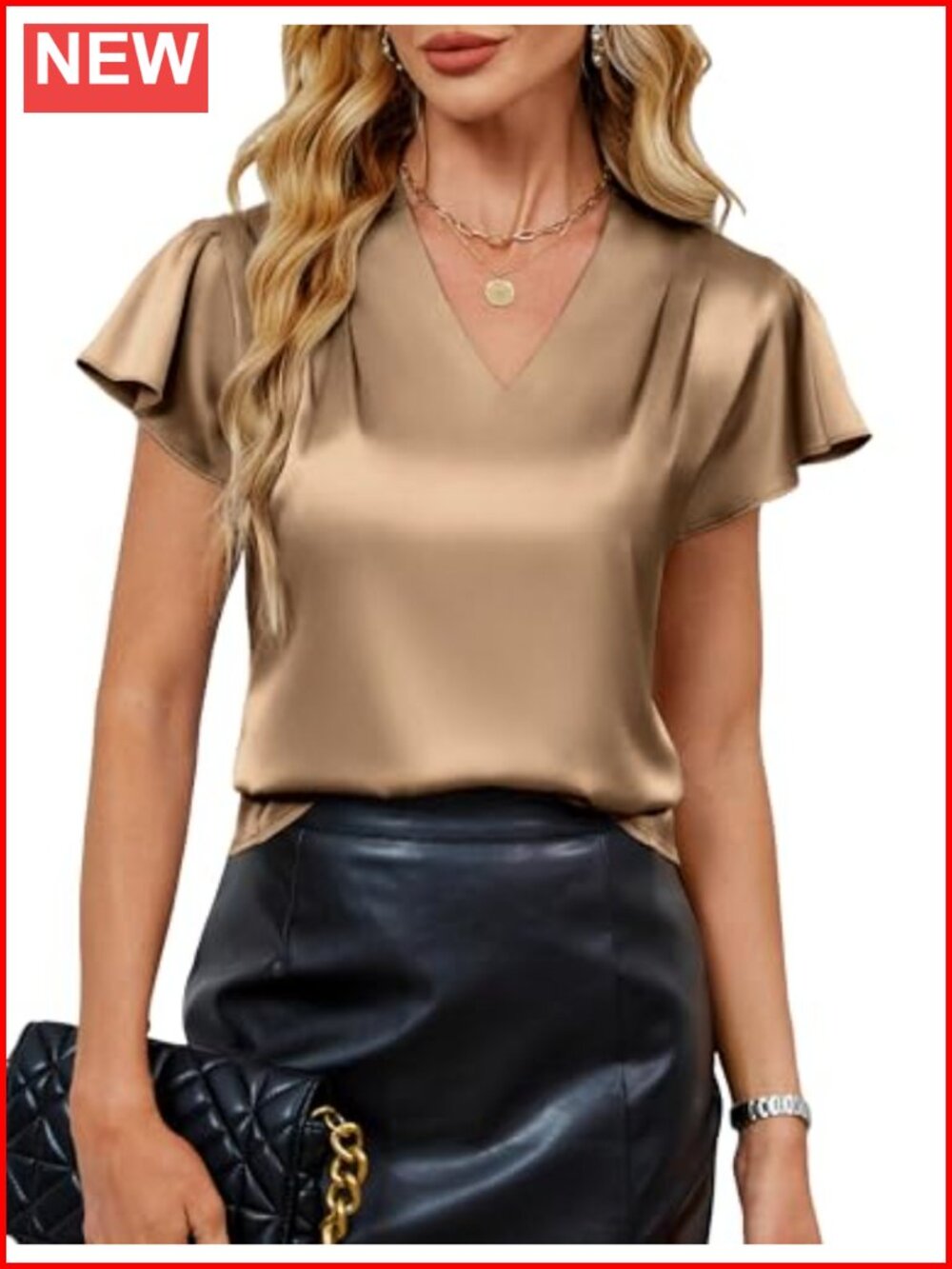 Satin Ruffle Sleeve V-Neck Blouse for Women - Flowy Dressy Casual Tunic Top